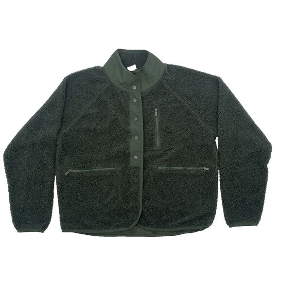 Victorias Secret PINK Jacket Medium Dark Green Sherpa Snap Buttons Pockets - Picture 3 of 11